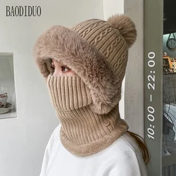 Xinbaoguan 100% Acrylic 8428 Winter Fried Dough Twists Knit Hat Plush Neck Waister One Piece Head Hat Cold proof Woolen Knit Hat