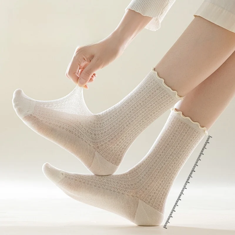 5 Pairs Girls Summer Mesh Breathable Light Thin Multi-colored Mid-calf Simple Cotton Socks Black White Socks Mesh Coquette Socks