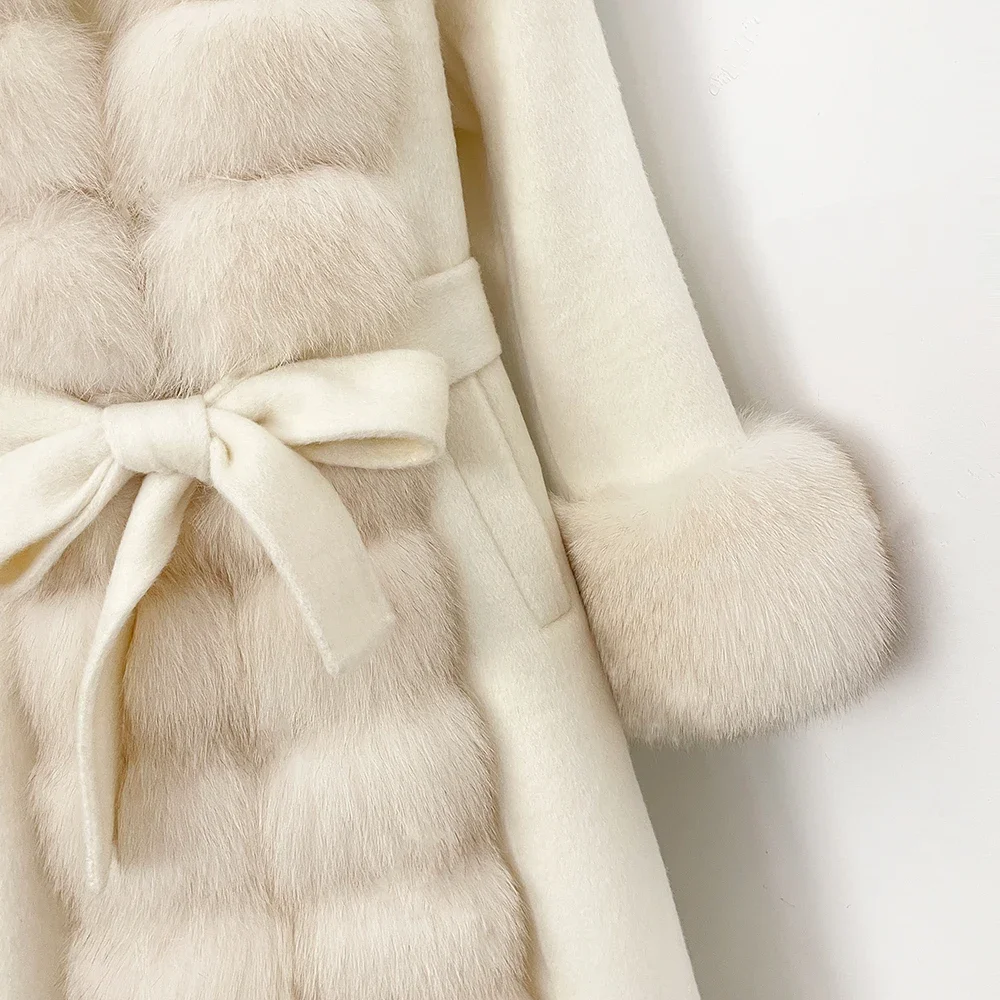 OFTBUY Neue Winter-Luxuskleidung Damen-Oberbekleidung Langer Woll-Alpaka-Mischmantel mit Echtfuchs-Pelzbesatz und Gürtel Wolljacke für Damen – Detail 5