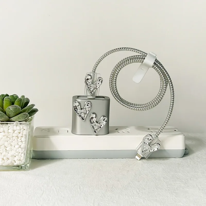 لطيف ثلاثية الأبعاد الفضة الحب القلب موجة الحدود كابل يو اس بي حامي غطاء آيفون 18 واط/20 واط كابل نقل بيانات دغة رئيس الحبل شحن سريع