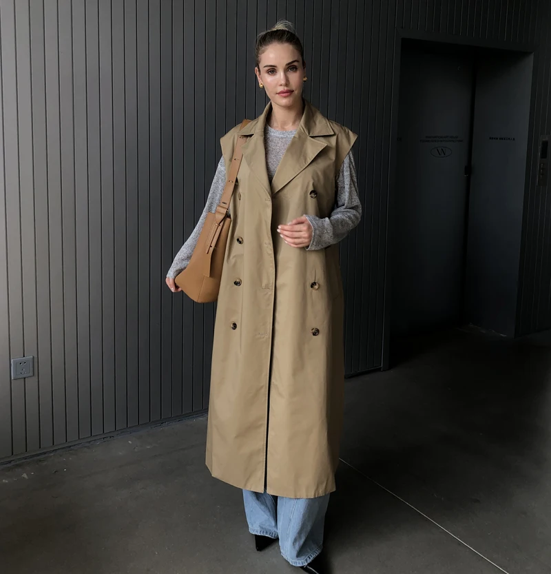 2024 Women Fashion Fall / Autumn 2 piece long trench coat Female outerwear blue Khaki