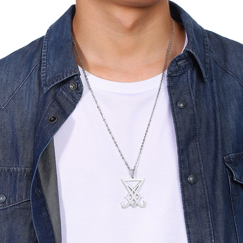 silver color Sigil Of Lucifer Pendant Stainless Steel Men Necklace Emblem Amulet Jewelry