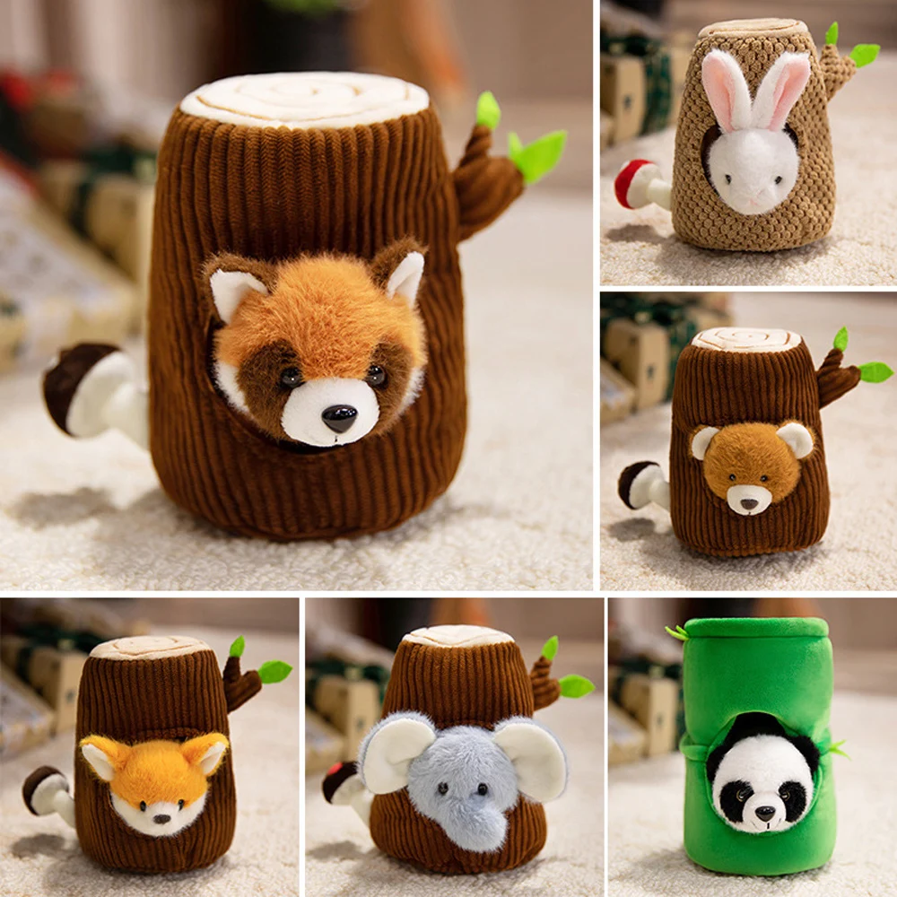 

Wild Animal Red Panda In Tree House Grey Elephant Stuffed Animal Fluffy Raccoon Soft Dolls Panda Plush In Bamboo Shaped Home