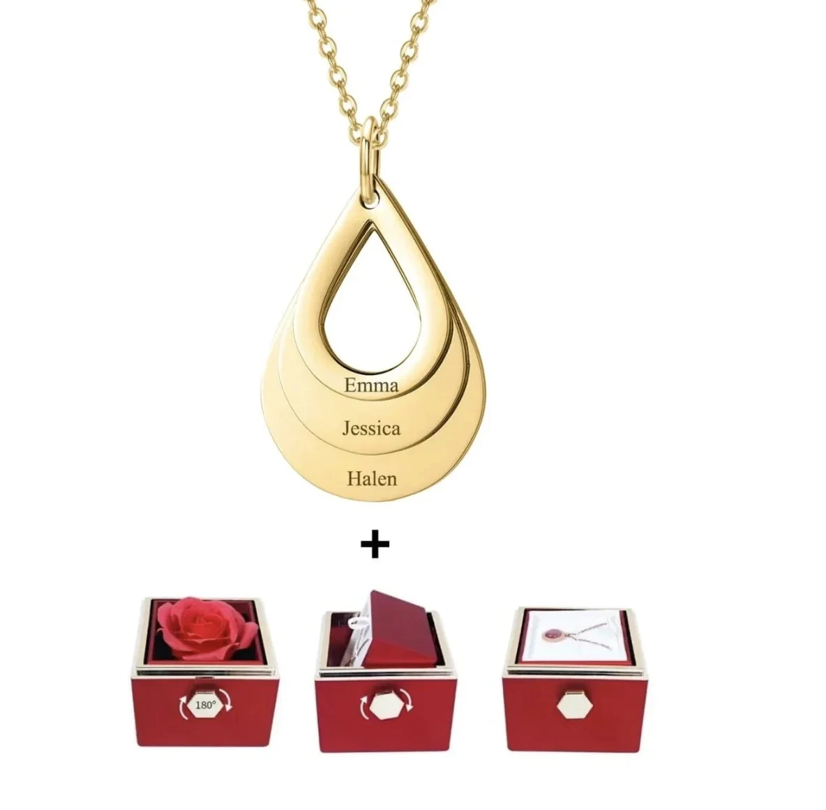 Personalized Water Drop Necklace With Rotating Rose Box Custom Family Names Heart Charms Waterdrop Pendants Gift for Women Mom