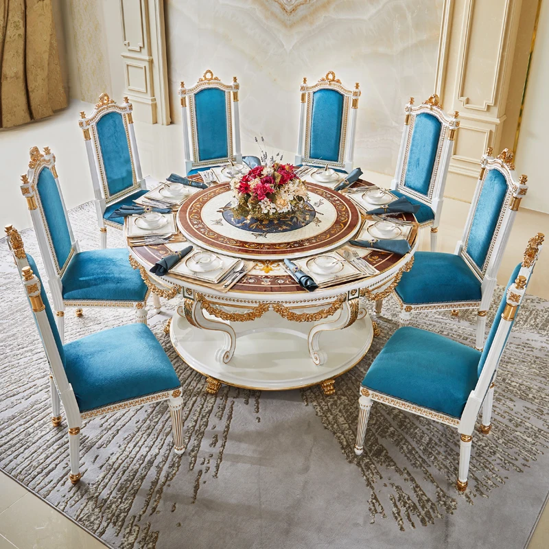 #French Dining Table and Chair Combination Villa Luxury Restaurant European Shell Mosaic Circular Home Dining Table