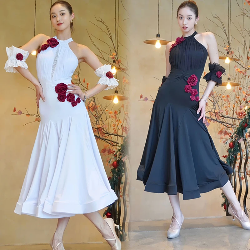 

2024 Ballroom Dance Dress Women Flower White Black Practice Clothes Waltz Dance Performance Wear Group Competition Dress BL13437