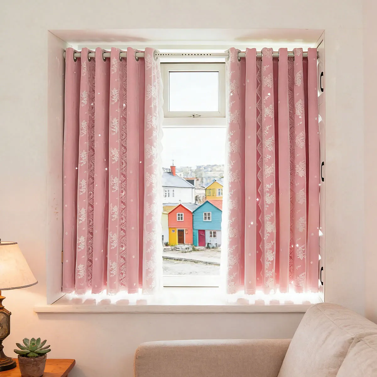 Pink Double Layer Hollow Grommet Curtains 2pcs, Floral Lace Sheer Blackout Drapes, Girly Short Curtains for Bedroom Bay Window