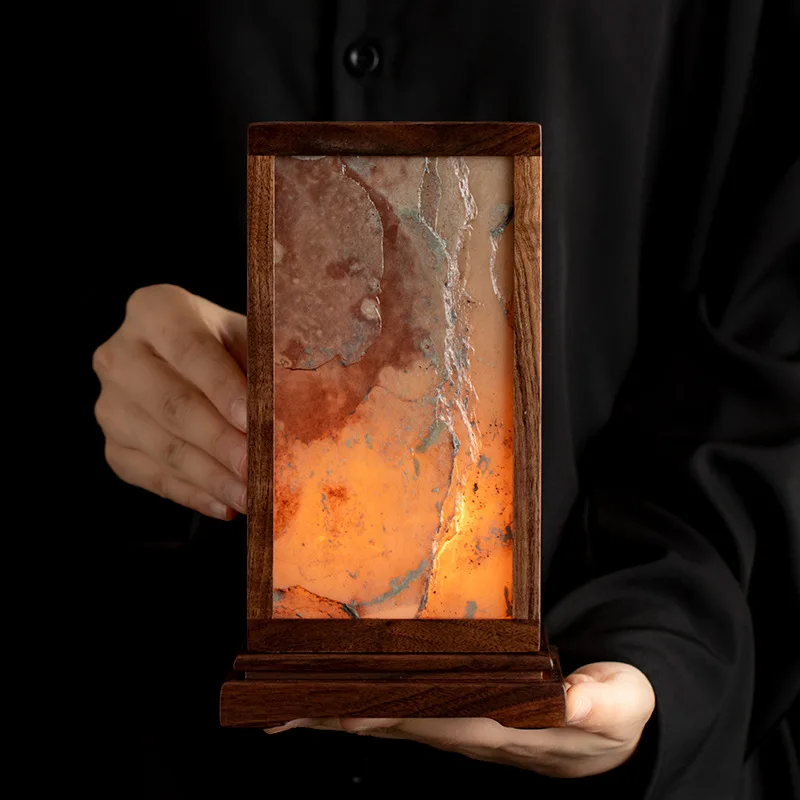 Ambient light ancient fence wabi-sabi wind, square rock table lamp, copper base decoration