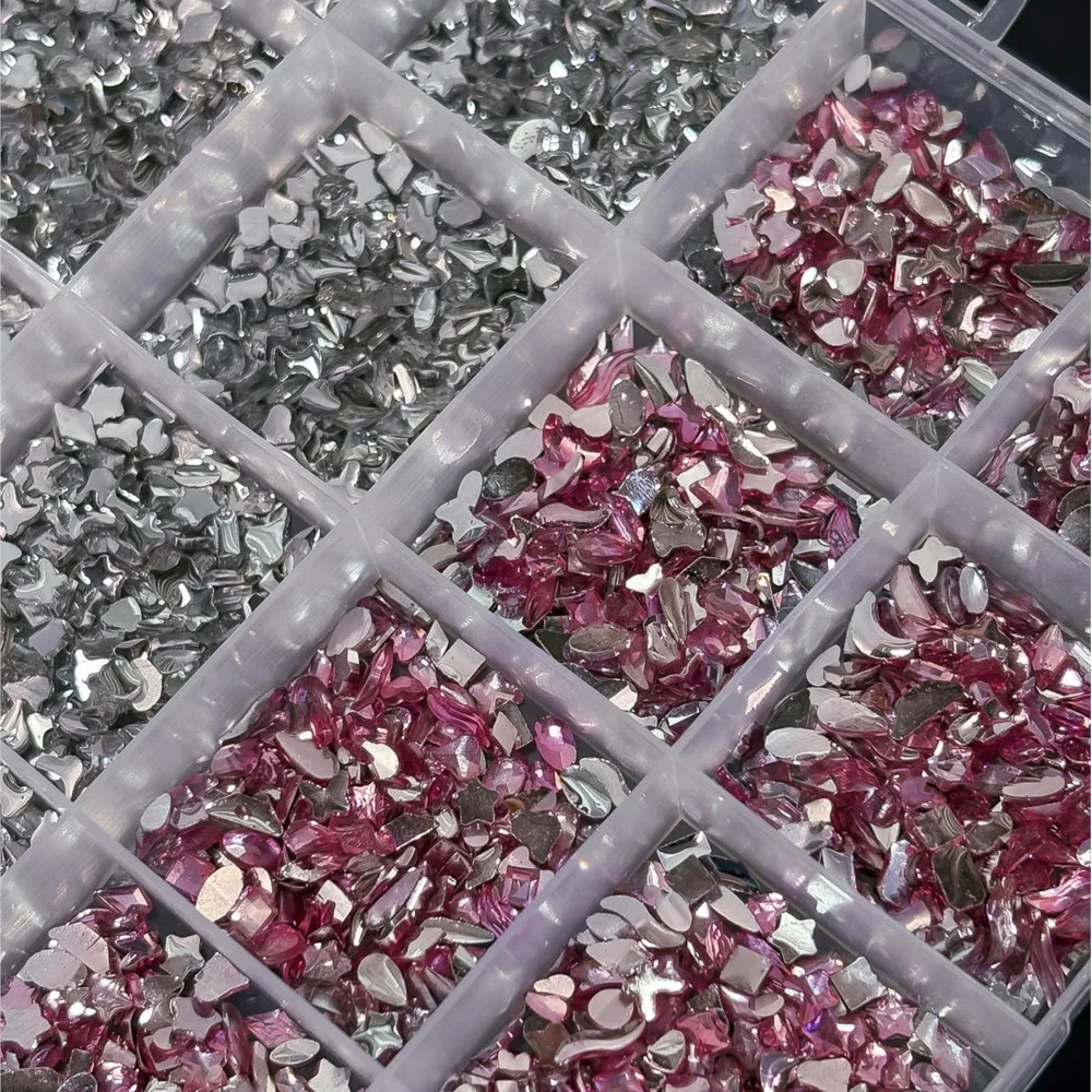 Strass pour ongles irréguliers, mélange rose clair, 24 grilles, papillon, lune, étoile, rectangulaire, diamant, grande capacité, décoration de manucure
