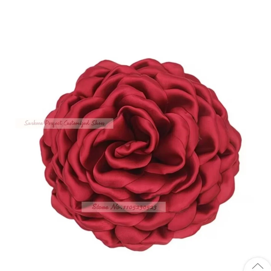 Red Satin Fabric Big Flower High Heel Sandals Silk Ruffle Blossom Embellished Wedding Shoes Elegant Platform Floral Dress Pumps