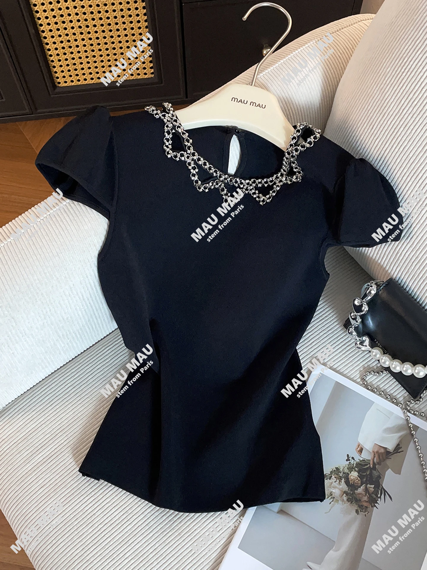 

Ele Slim Fit Knitted T-irt with Rhinestone Chain Design for Women Commute Sle ort Sve round Ne Top
