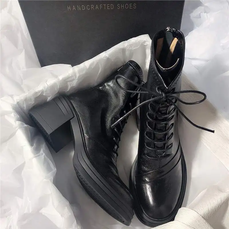 Women's boots 2026 thick soled lace up elastic boots round toe temperament leather back zipper short tube