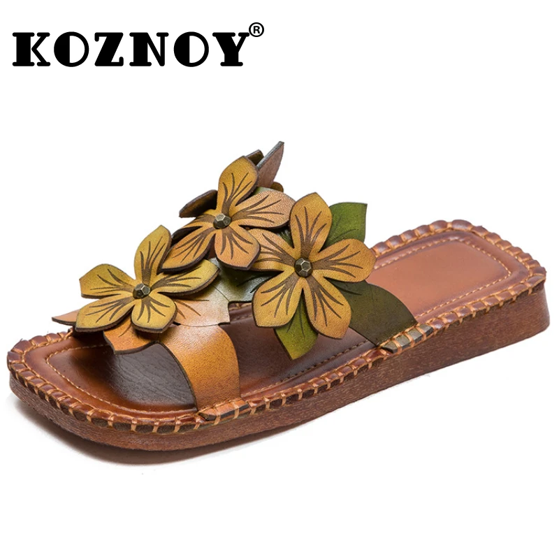 Koznoy 2cm Sandas Genuine Leather Women Slippers Rubber Peep Toe Flower Ankle Flats Breathable Boots Comfy Summer Oxfords Shoes