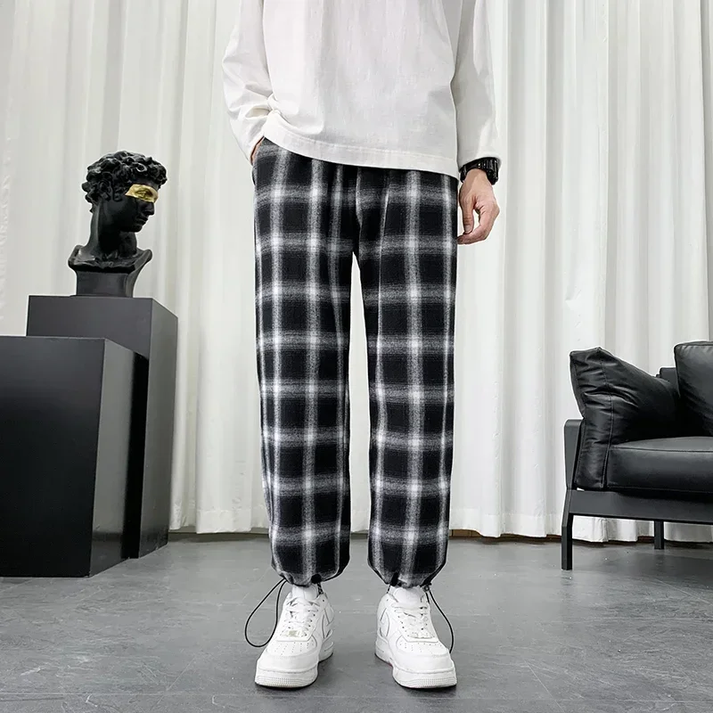 Summer Plaid Pants Men Loose Fit Cotton Casual Pants Lightweight Oversized Baggy Sweatpants Drawstring Straight Harem Trousers