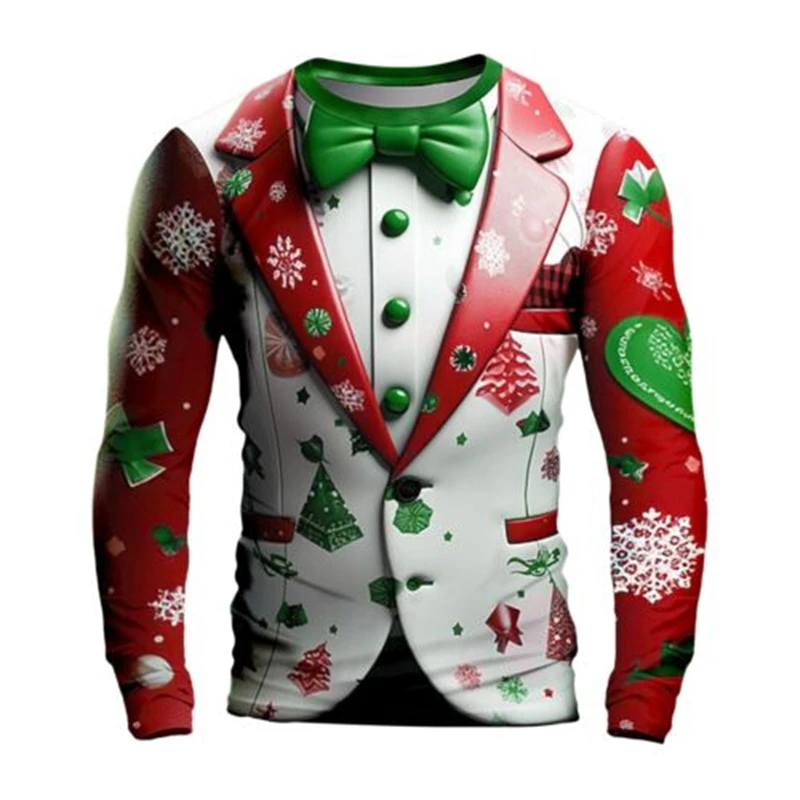 Christmas Series Simulated Suit T-shirt 3D Fun Harajuku Printed Men Personality Long Sleeve Round Neck Hip Hop Fashion Party Top