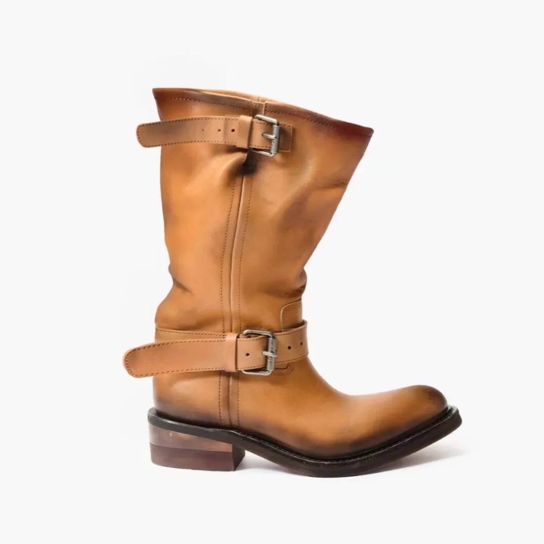 Women Distressed Mid Calf Boots Buckle Strap Low Block Heel Round Toe Boots Retro Cowboy Gothic Punk Street Fashion Riding Boots