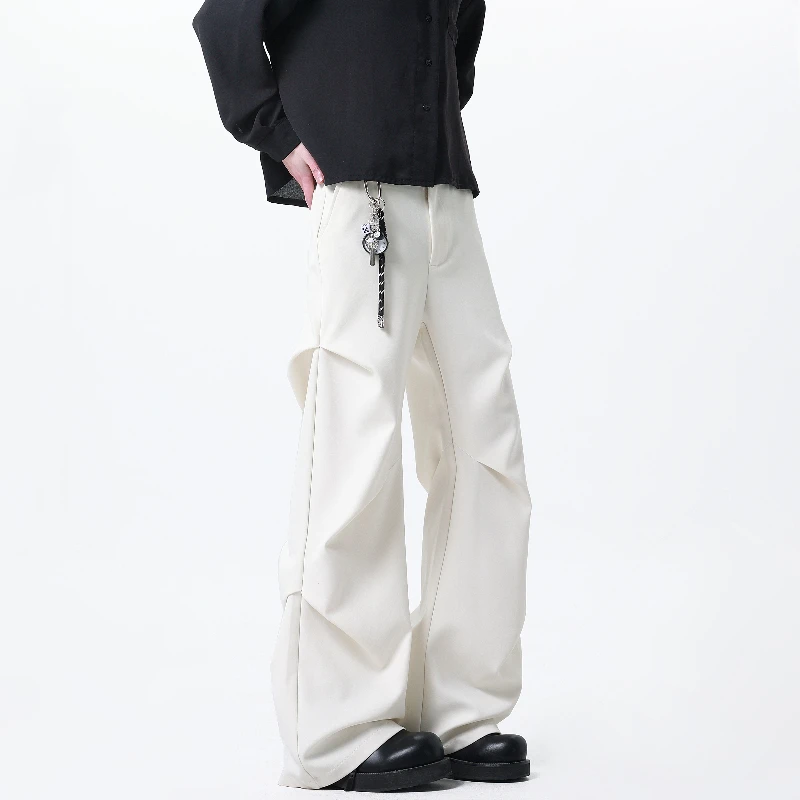 American White Flared Suit Trousers Men Drape Pleated Loose Straight Casual Dress Pants Summer Thin Business Casual Pants Men