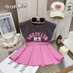 Girls' Summer Set 2024 New Chinese Children's Western Style Korean Edition Sleeveless Tank Top Pleated Skirt Two Piece Set