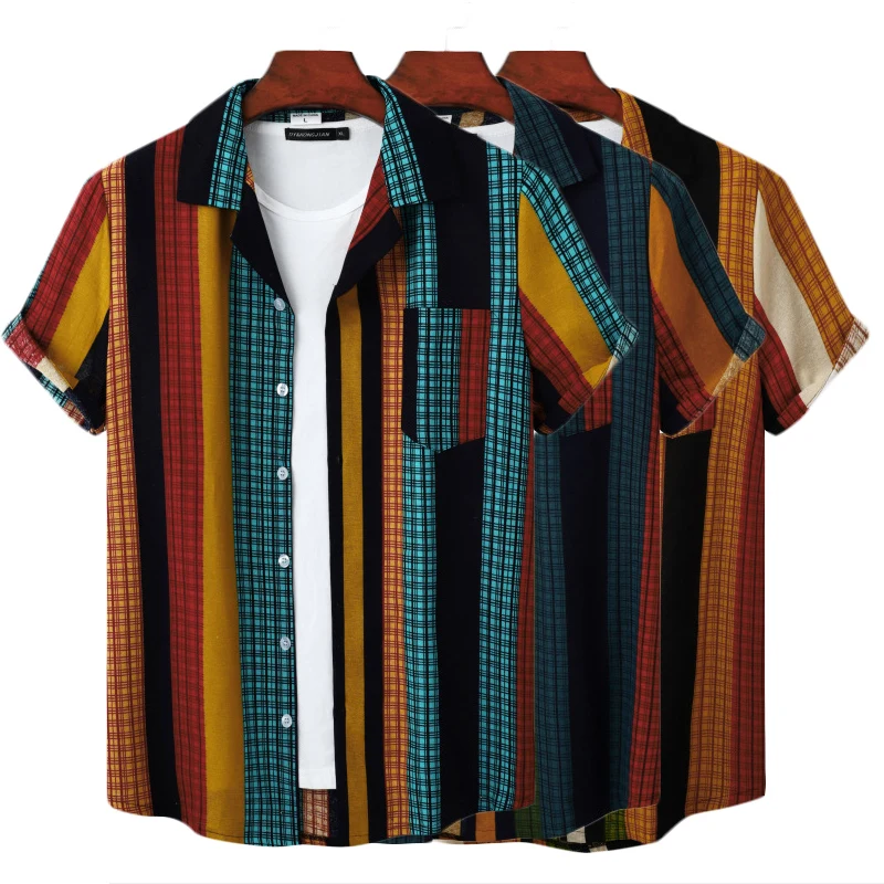 Pop Men's Shirts Holiday Hawaiian Beach Shirts Striped Print Tops Business Casual Cropped Oversized T-Shirts 3XL Designer Clothi