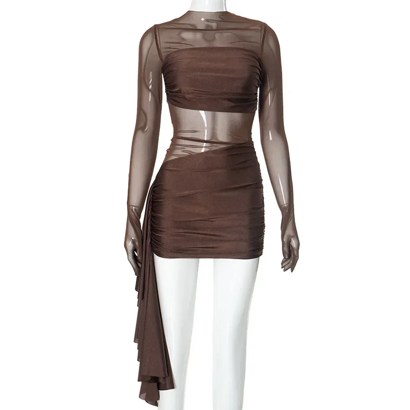 Mini robe transparente en maille pour femmes, tenue irrégulière pour les vacances à la plage, Streetwear Y2K, manches longues, moulante, nouvelle collection été