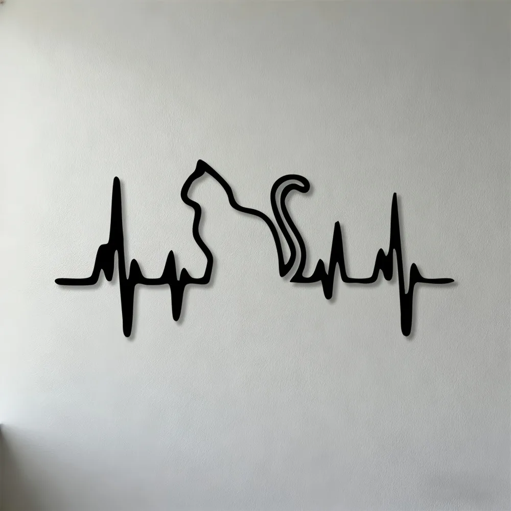 Heartbeat Cat Iron Wall Art Pet Love Modern Sculpture Living Room Bedroom Office Home Garden Fence Ornament