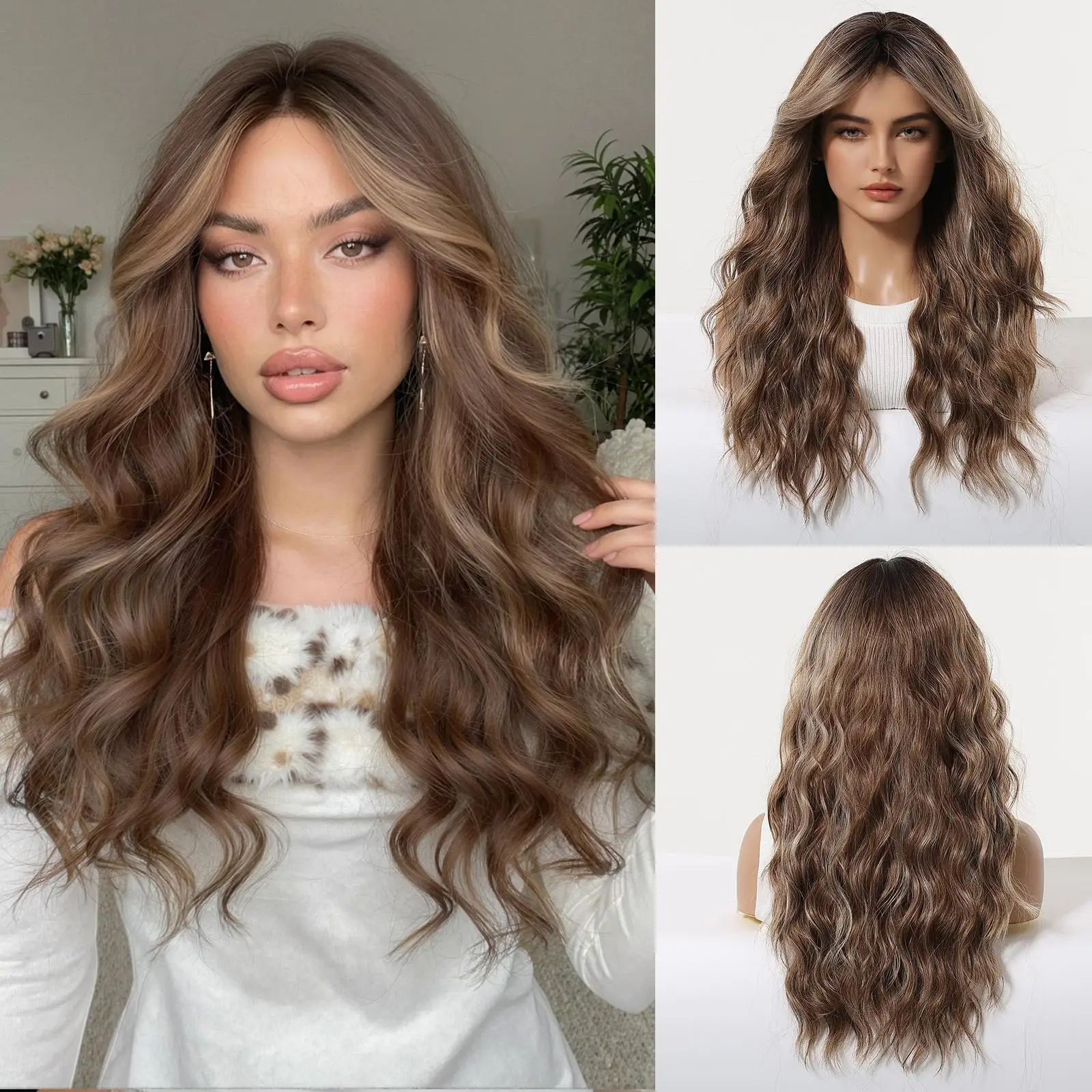 

ALAN EATON Long Wavy Brown Highlight Wig Without Bangs for Women Natural Chestnut Brown with Blonde Highlights Synthetic Hair