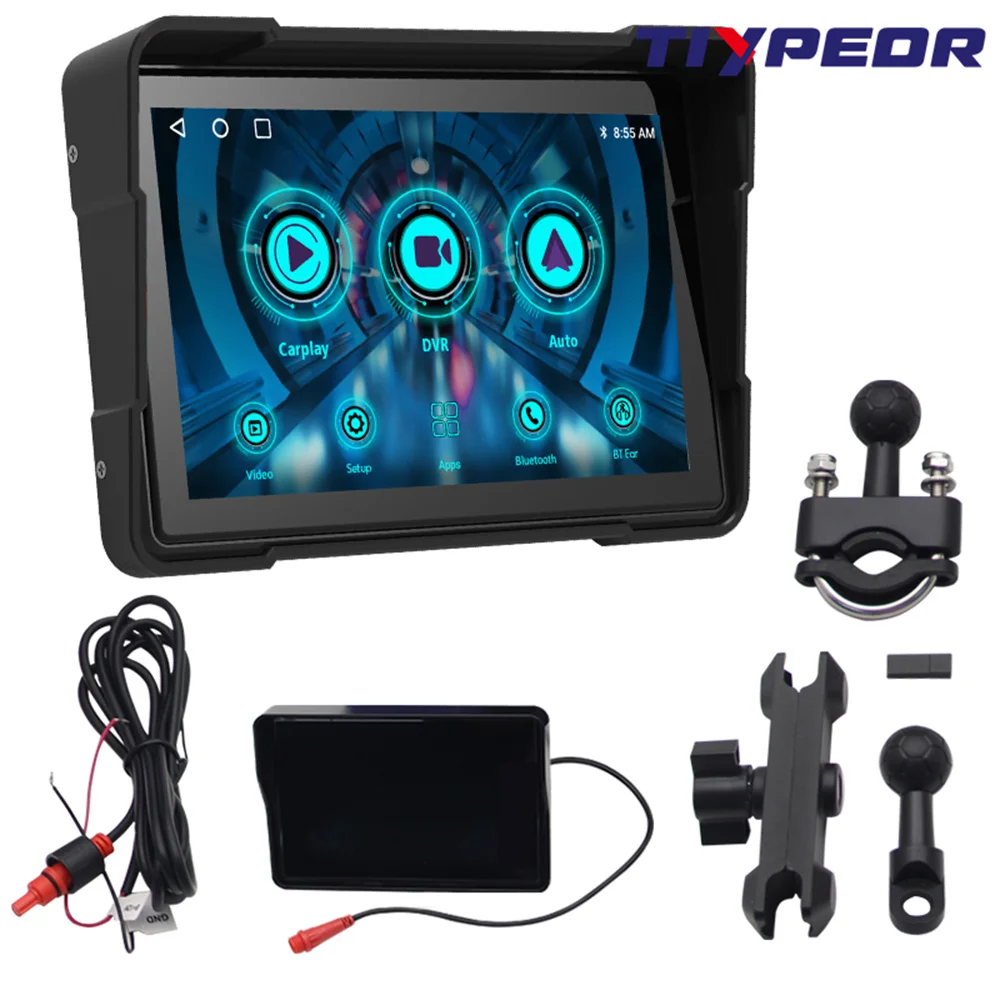 TIYPEOR 5 inch Motorcycle CarPlay Android Auto Navigation Monitor IPS Screen Portable Waterproof Display AUX Bluetooth SD Card