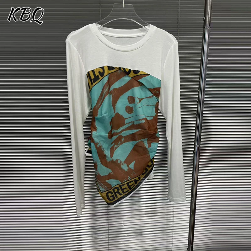

KBQ Hit Color Printing Slimming T Shirt for Women Round Neck Long Sleeve Minimalist Irregular Hem Tops Female Fashion Summer New