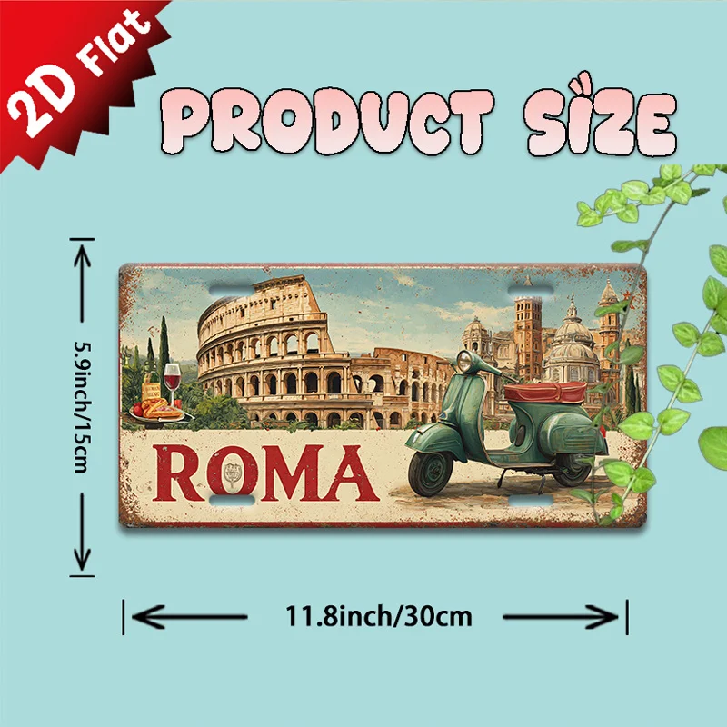 2D Flat - Vintage 2D Metal Lettering | Decorative Aluminum Wall Plaque Featuring Rome'S Colosseum and Pantheon with Scooter, Ide