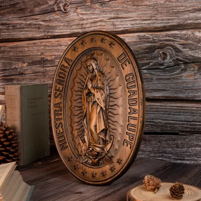 Virgin Mary of Guadalupe Statue, Oval Wood Carving Ornament, Home Wall Art Decoration, Catholic Religious Figure, Christian Gift