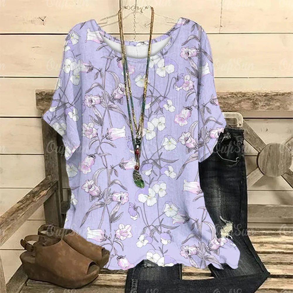 Women O-Neck T-Shirts Floral Print Casual Pullover Loose Short Sleeves Purple Oversized Tee Shirt Female Fashion Clothing Summer