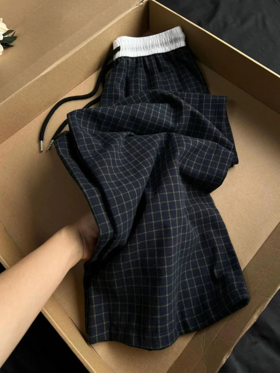 

American Lazy Loose Fit Plaid Pants Women Summer Thin Casual Stroll Pants Loose Drapey Straight Leg Wide Leg Pants