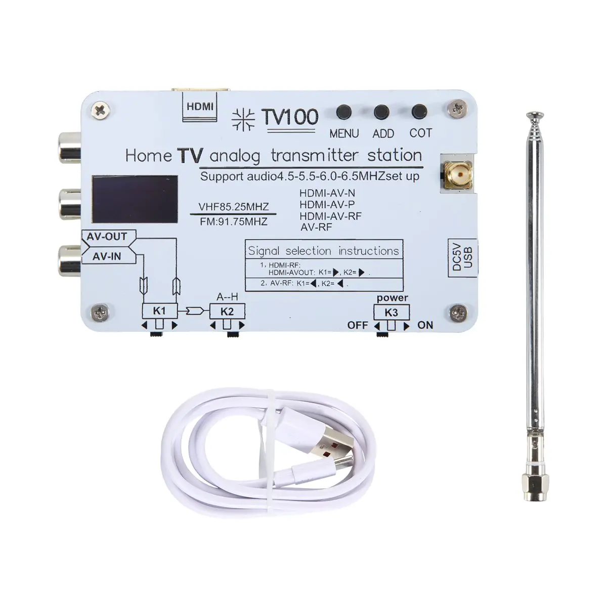 【ESTR】 White Analog TV Signal Transmitter Home Analog TV Transmitter with OLED Display for Global