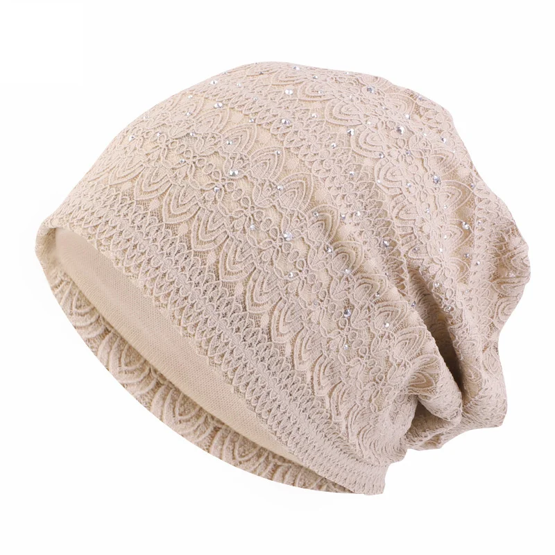 Winter Hats For Women Men Lace Rhinestone Breathable Turban Hat Windproof Warm Cap Female Beanie Hip Hop Bone Gorro Ponytail Hat