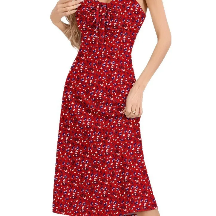 Women's Casual Summer Sleeveless Halter Neck Floral Print A Line Midi Dress with High Waist Spaghetti Strap for Women Beach Wear