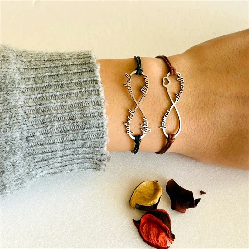 

Personalized Engrave Name Bangle Stainless Steel Infinity Symbol Custom Couple Bracelets Handmade Rope Adjustable Jewelry Gift