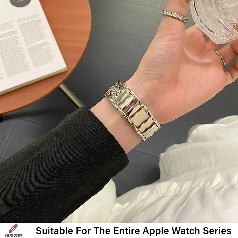 سوار فولاذي غير قابل للصدأ لساعة أبل الترا 2 1 سلسلة 10 9 8 7 6 SE حزام معدني لسوار سلسلة تصميم حلقة مزدوجة iWatch #4