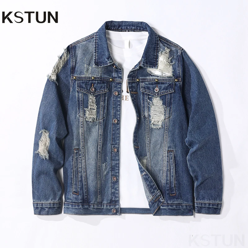 

KSTUN Хип-Хоп Джинсовое Пальто Мужская Джинсовая Куртка Рваная Мотоциклетная Верхняя Одежда Выдалбливают Мужская Одежда Заклепки Дизайнерское Свободное Ковбойское Пальто