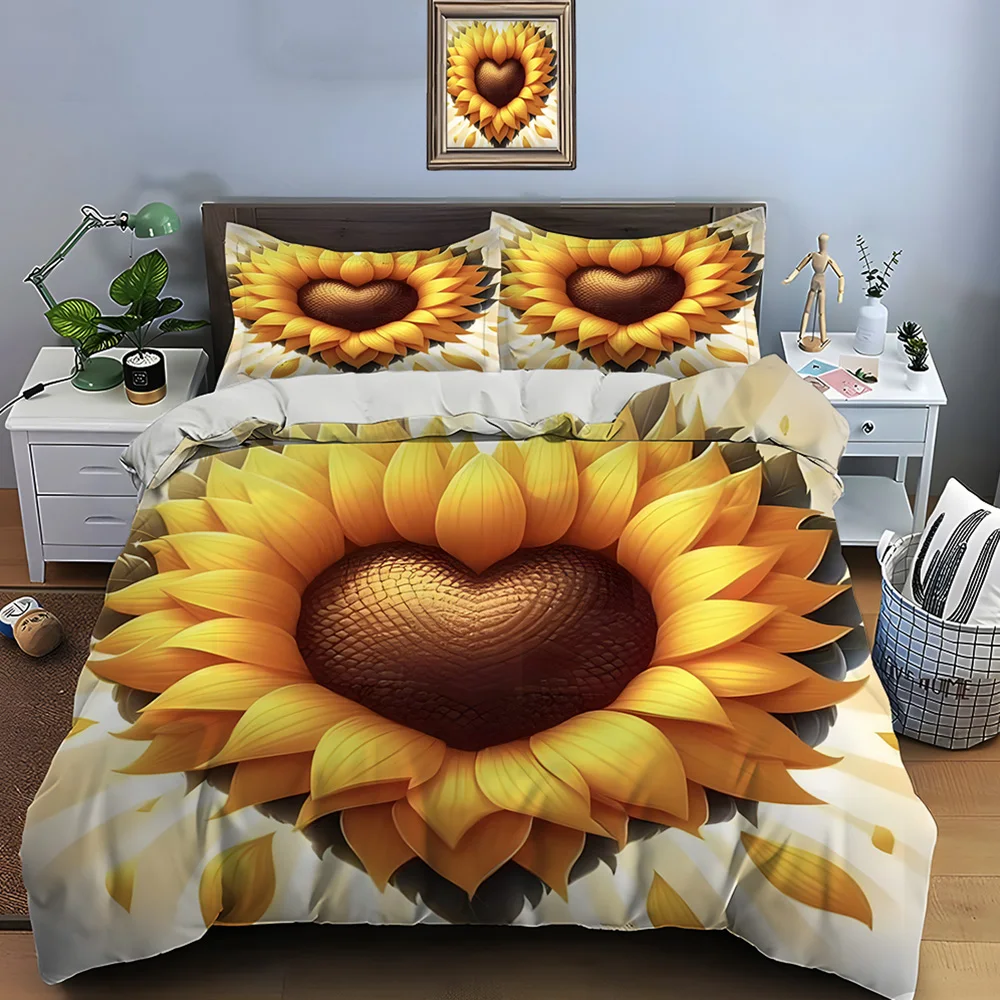 Herzförmige Sonnenblume mit goldenen Blütenblättern, bedruckt, weich, bequem, Bettwäsche-Set mit 1 Bettbezug und 2 Kissenbezügen