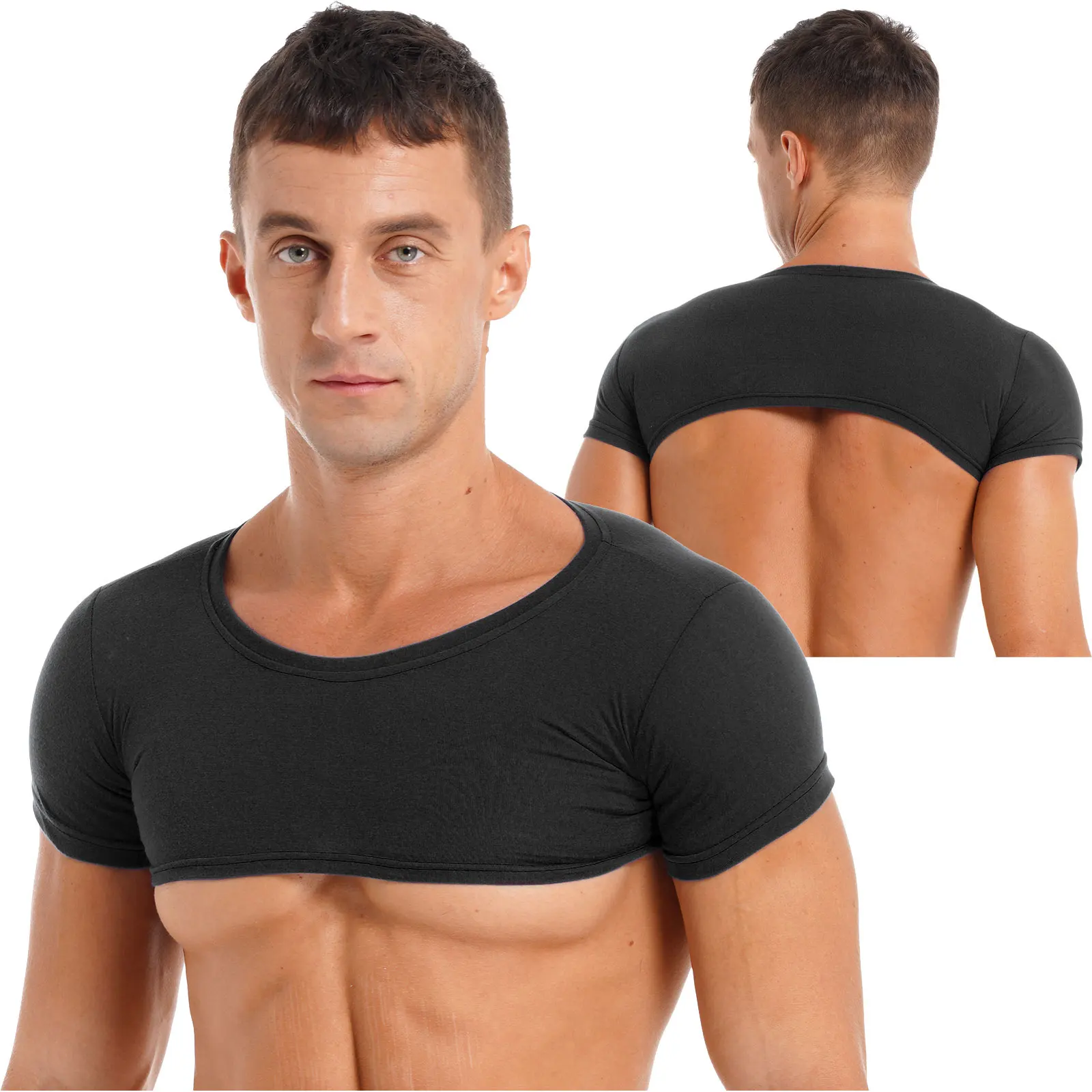 Mens Short Sleeve Crop Top Party Club Dance Round Neck T-Shirt Casual Solid Color Tops Sports Workout Gym Muscle Tees Clubwear