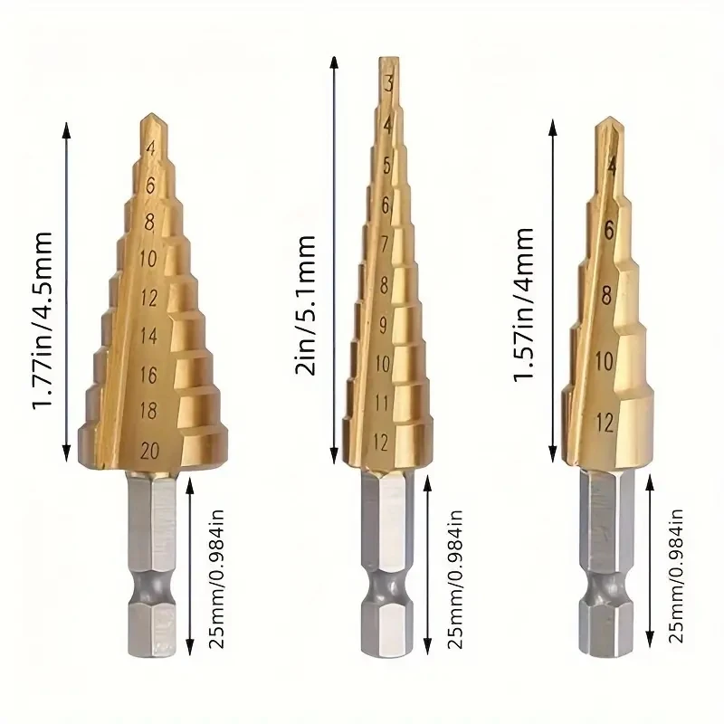 3-12mm/4-12mm/4-20mm Hss Step Drill Bit, Straight Groove DrillTitanium Coated Metal Driller, Drilling Tools Set