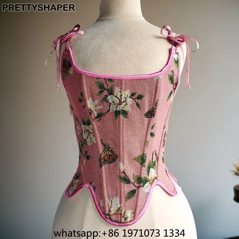 Women Pink Corset Bustier Overbust Slimm Waist Tummy Control Vintage Bodice Lace Up Boned Shaping Tops Push Up Breast Costume