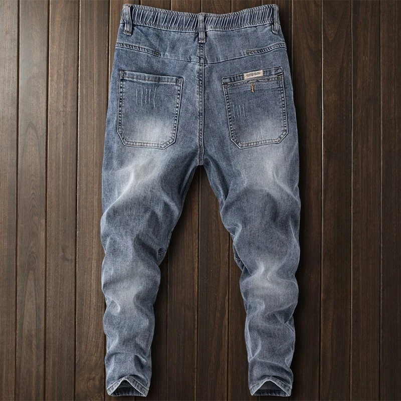 Fashion Designer Jeans for Men Drawstring Waist Elastic Band Casual Boyfriend Stretch Denim Trousers Jogger Harem Pants Male