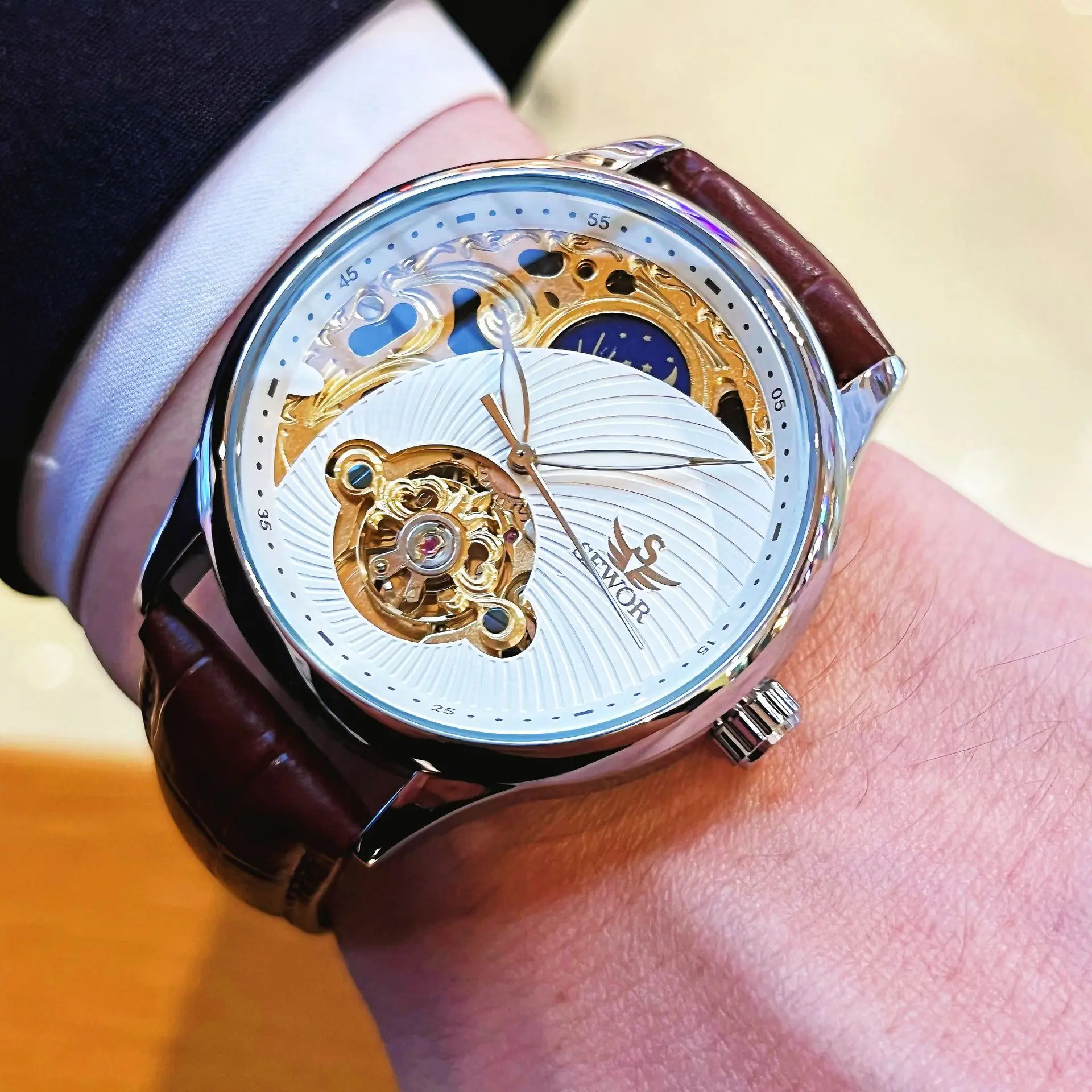 Stainless Steel New Vintage Skeleton Moonphase Luminous Waterproof Tourbillon Self-Wind Automatic Watch for Men