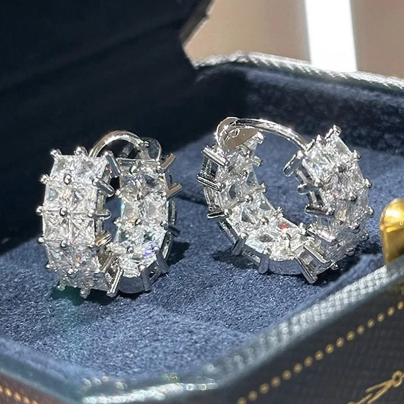 Fashion Female Earrings 925 Sterling Silver Princess Double Square Cubic Zircon Earrings for Women Ear Circle Wedding Jewelry