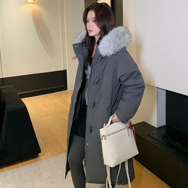 Winter Trend Horn Button Long Parkas Coat Women Oversize Fur Collar Hooded Cotton Jacket Elegant Thicken Warm Cotton-Padded Coat