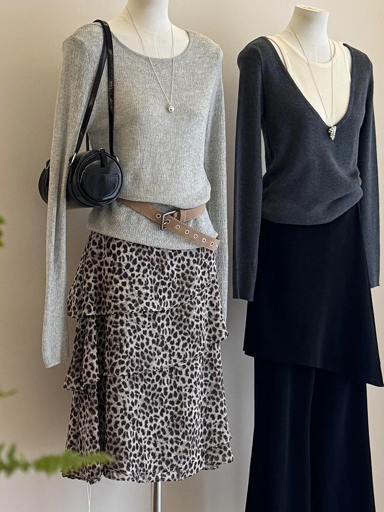 

Retro Leopard Print Asymmetrical Multi-Layer High Waist Casual Women's Skirt Slimming Summer New Style Versatile Mid-Length D...