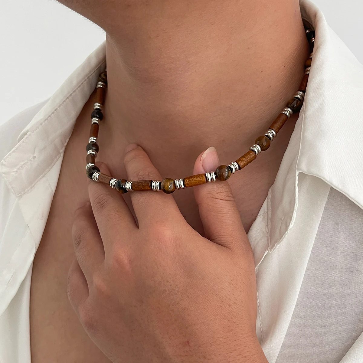 SHIXIN Smooth Tiger Eye Stone Wood Bead Choker Necklace for Men Retro Adjustable Short Necklace Fashion Male Jewelry on the Neck