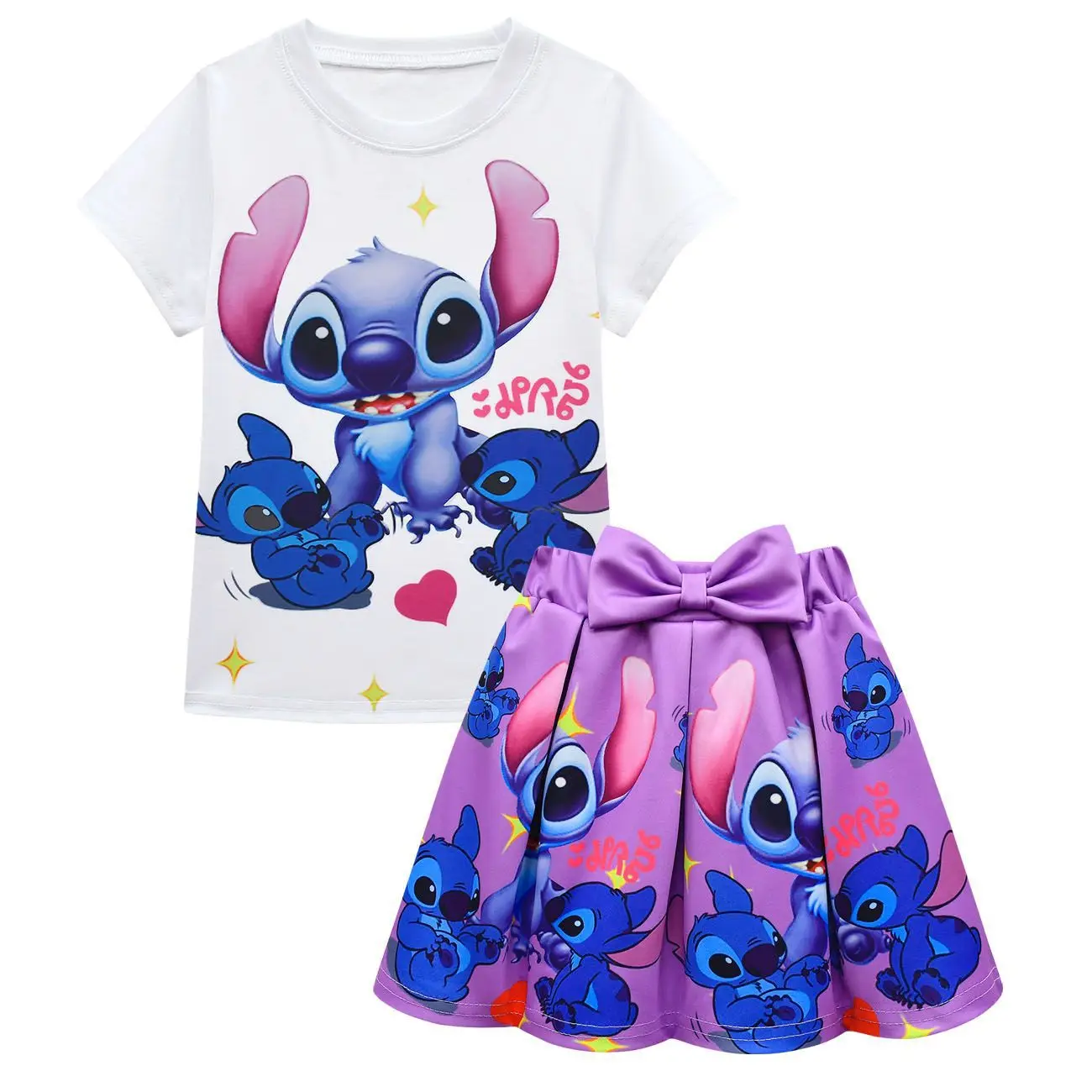 1-7 Years Children Girl Clothes Set New Stitch  Short Sleeves T-shirt +  Skirt 2PCS Summer Kids Girl School Outfit