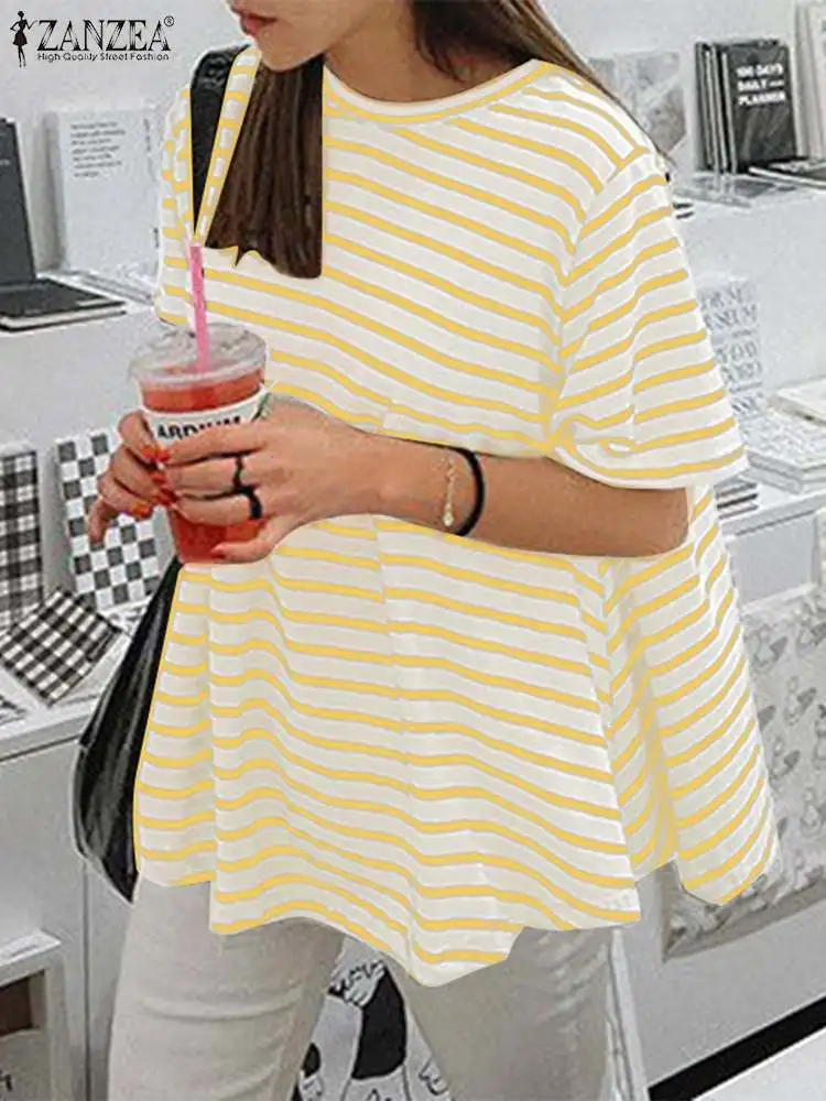 

Korean Fashion Short Sleeve Tunic ZANZEA Women Summer Striped Blouse Casual Loose Round Neck Tops 2024 Holiday Female Tops Blusa